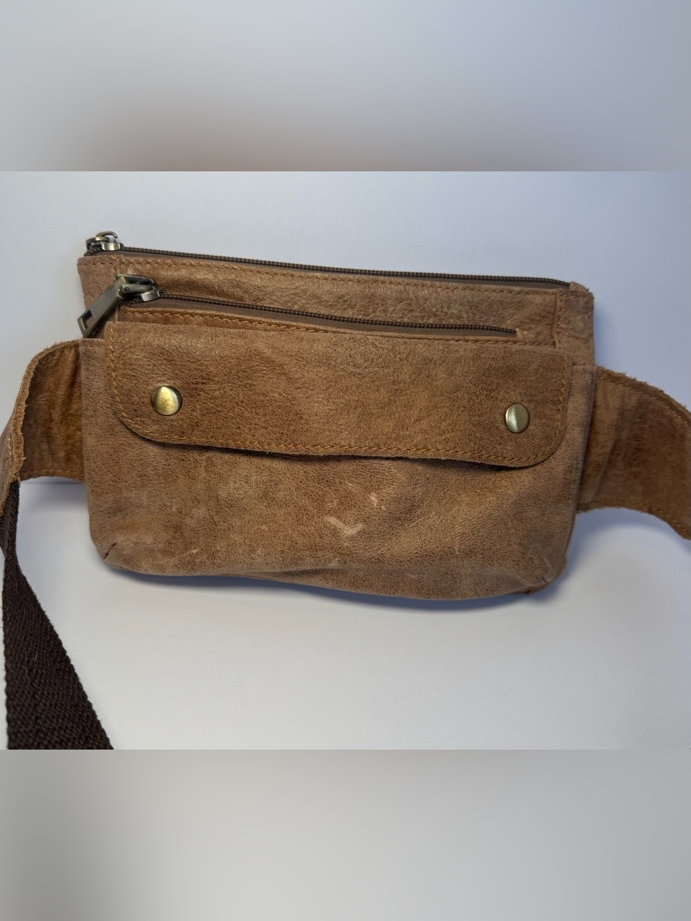 Loyofun Genuine Brown Leather Fanny Pack Waist Bag Brass Metal Buckle Vintage